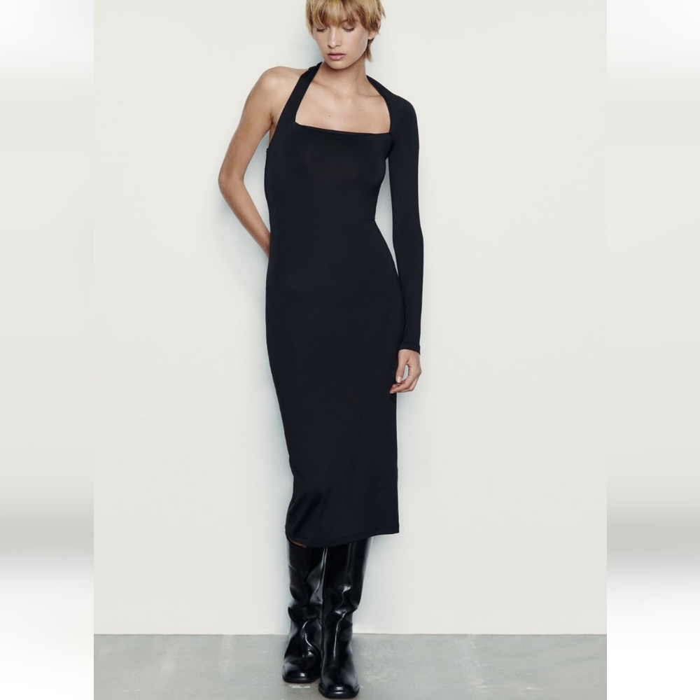 Zara Black Asymmetric One-Sleeve Midi Dress